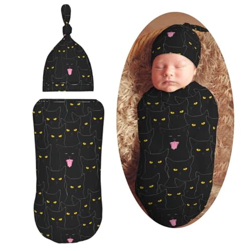 Muishi Black Cats Cute Newborn Swaddle Blankets Hat Sets Soft Baby Receiving Blanket Swaddle Sack for Baby Shower Infant Boy Girl Gift