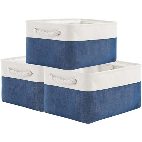 TESPERT 3-Pack Large Storage Baskets Set - Collapsible EVA Organizer Bins with Handles for Shelves, Nursery, Office (13.8x9.8x6.7") - Space Saving & Multi-Purpose, White & Blue