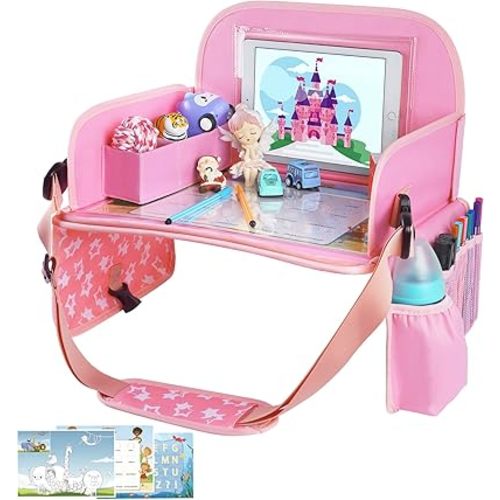 Kids Travel Tray for Toddler Car Seat, Lap Tray for Girl Activities with Dry Erase Board & Cooler Cup Holder, Road Trip Essentials Accessories with No-Drop Large Tablet iPad Holder Stand,Pink
