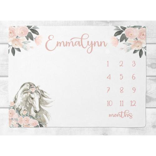 Baby Girl Milestone Blanket, Floral Horse Month Blanket, Personalized Baby Girl Blanket, New Mom Shower Gift Growth Track, Photo Prop SM548