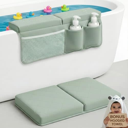 2inch XL Baby Bath Kneeler and Elbow Rest Pad Set + Hooded Towel - Embroidered Kneeling Pad for Bathing Baby - Dual-Layer Memory Foam Bathtub Kneeler and Elbow Rest Set