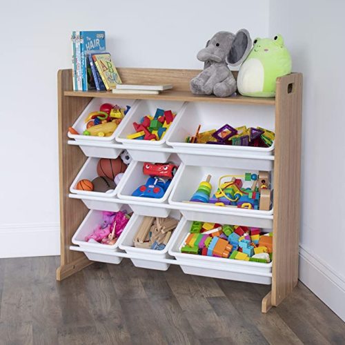 Humble Crew, Natural Wood/White Toy Organizer with Shelf and 9 Storage Bins