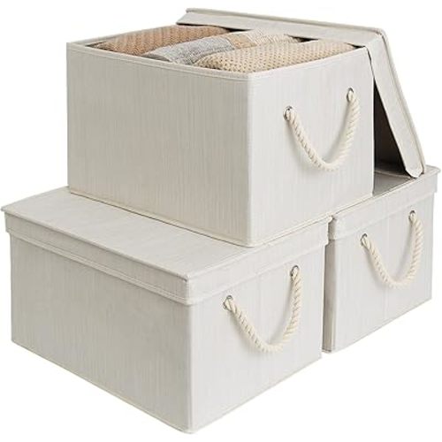 StorageWorks 32L Storage Bins with Lids, Decorative Storage Boxes with Lids and Soft Rope Handles, Mixing of Beige, White & Ivory, Jumbo, 3-Pack