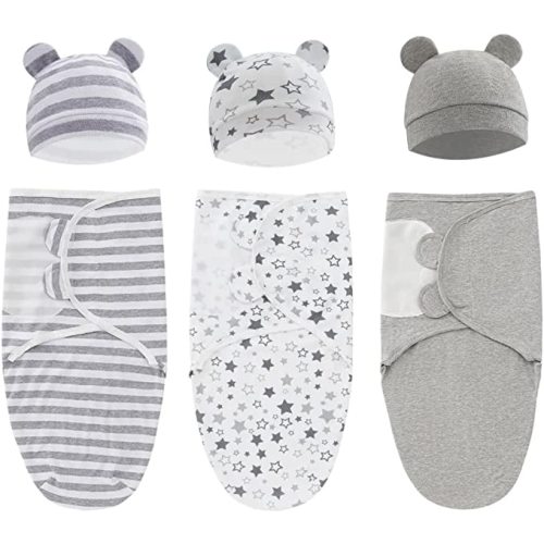 Swaddle King Easy Swaddle Wraps with Matching Hats, Pack of 6 (3 Wraps + 3 Hats), Cotton Knit Baby Wrap, Newborn Wearable Swaddle Sleep Sack, Size 0-3 Months, Small