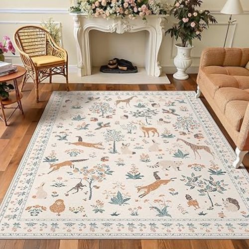 Woodland Animal Rug 5x7 Washable Area Rug Soft Low Pile Non Slip, Nature Inspired Large Carpet for Living Room, Kids Playroom, Nursery, Office (Beige, 5'x7')