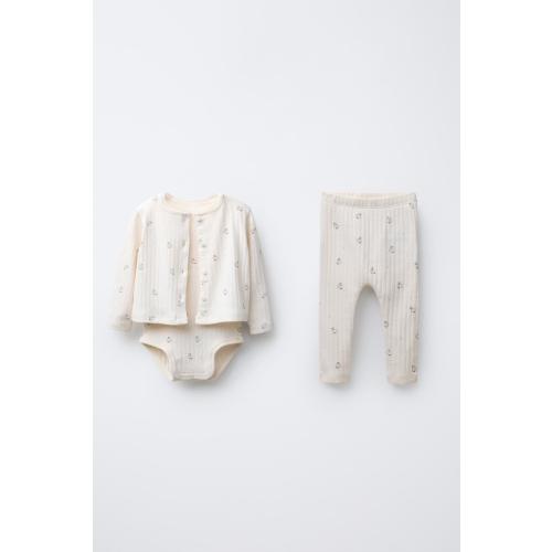 GOOSE PRINT CARDIGAN, BODYSUIT AND LEGGING SET - Light beige