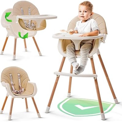 3-in-1 High Chair for Babies and Toddlers - Convertible Wooden Baby Highchair for Eating with Safety Belt, Foldable Baby Feeding Chair with 3-Position Removable Tray, Adjustable Legs, Easy to Clean