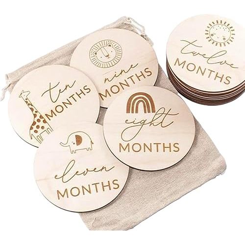 Baby Milestone, 13 Pcs Pregnancy Baby Cute Animals Monthly Announcement Wooden Number Milestone Blocks Personalized Gifts for Baby Girls Boys Shower Hospital Nursery Wall Decor