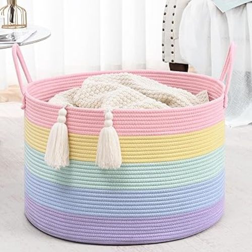Rainbow Storage Basket for Organizing, 20"×13" Large Laundry Baskets, Cotton Rope Woven Blanket Basket, Toy Storage for Kids, Collapsible Blankets Storage for Living Room, Nursery Room