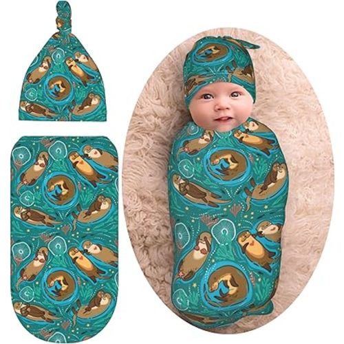 Cute Sea Otters Newborn Swaddle Blankets Baby Stuff Soft Swaddle Sack Swaddling Blanket with Beanie Sets Gifts for Infant Boys Girls