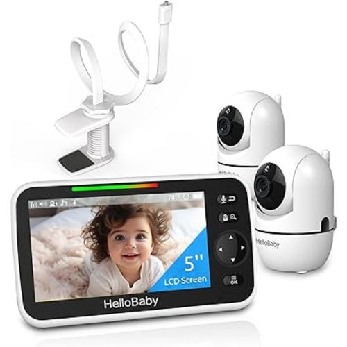 HelloBaby Clip Clamp Mount Baby Monitor with 2 Cameras, 5'' Screen, and 26-Hour Battery - No-WiFi Baby Monitor with Flexible Gooseneck Arm