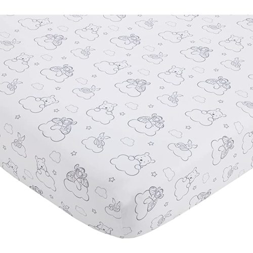 Disney Winnie The Pooh Hello Sunshine Grey & White Cloud Nursery Fitted Crib Sheet with Piglet & Tigger, Grey, White