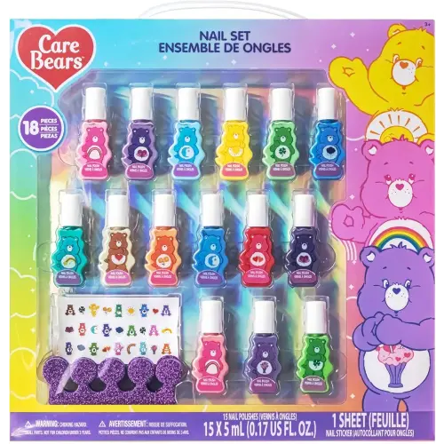 Townley Girl Care Bears 15 pcs Non-Toxic Nail Polish Set for Kids with Stickers & Toe Spacers | Peel able & Quick Dry | Birthday Gifts for Ages 3