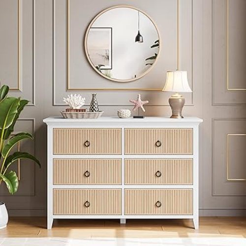 GAOMON 6 Drawer Dressers for Bedroom, Modern Long Dresser Chest with Large Drawer, Waveform Fluted Panel Design, Wooden Chest of Dresser Storage Cabinet Organizer, Antique Profile, Anti-Tipping
