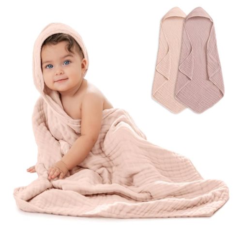 Comfy Cubs Hooded Baby Towel 2-Pack, Large 32 x 32 Inch - 6 Layer 100% Muslin Cotton for Babies, Toddlers, Kids - Soft & Absorbent Baby Bath Towels - Unisex Design for Bath Time, Mauve and Blush