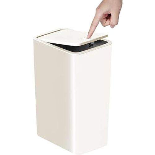 Bathroom Trash Can with Lid, 10 Liter/ 2.6 Gallon Slim Garbage Can, Small Trash Bin Waste Basket with Pop-Up Lid for Kitchen, Bedroom, Living Room, Office (White)