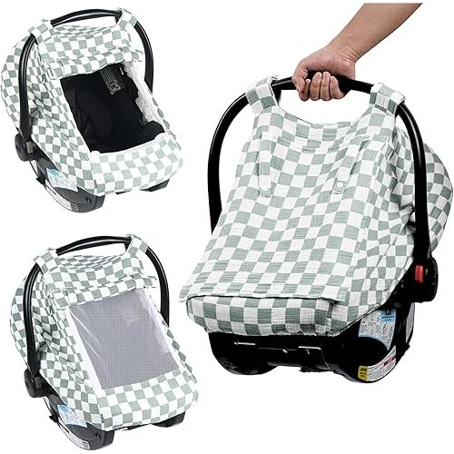 Summer Muslin Car Seat Cover for Baby – Breathable & Privacy Canopy with Large Mesh Window,3 Adjustable Modes,Easy Install Universal Fit for Infant Car Seats,Sage Green Checkered