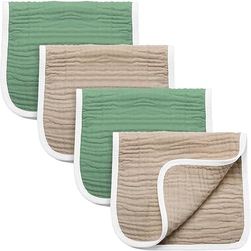 Synrroe Burp Cloths Large, Muslin Burp Cloths for Baby Girls and Boys, Pack of 4 Extra Absorbent and Soft Muslin Bibs, 6 Layers 20 by 10 Inches 100% Cotton (Brown-Green 4 Pack)