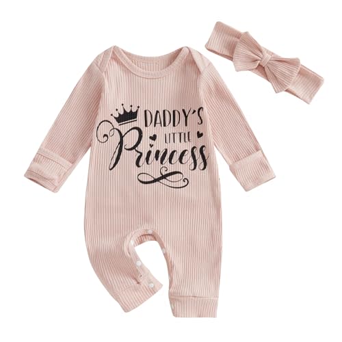 FIOMVA Im New Here Newborn Outfit Girl Long Sleeve Letter Romper Ribbed Knit Jumpsuit Baby Girl Preemie Coming Home Outfit