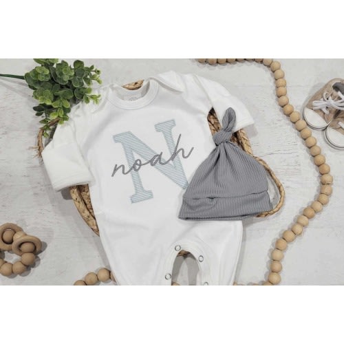 Personalized baby romper and hat set, custom infant boy coming home outfit baby shower gift, oatmeal romper with footies blue gray baby boy