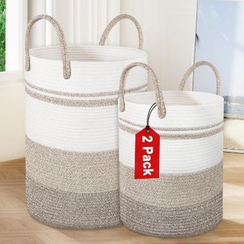2 Pack Large Tall Rope Laundry Baskets, Cotton Laundry Hamper, , Blanket Basket Storage for Living Room,Baby Room, 58L&28L Khaki