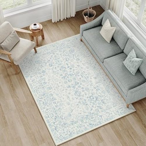 4x6 Blue Area Rug Non Slip Vintage Office Entryway Rug Distressed Machine Washable Kitchen Carpet Traditional Retro Floral Accent Throw Door Mat for Bedroom Bathroom Dining Living Room