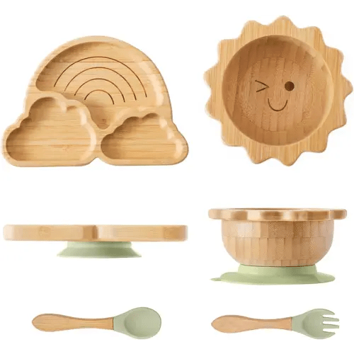 Bamboo Suction Plates Bowls Set for Baby Toddler Divided Platter Food bowl with Silicone Fork & Spoon All-Natural Baby Feeding Set for Baby-Led Weaning, Non-Slip Design