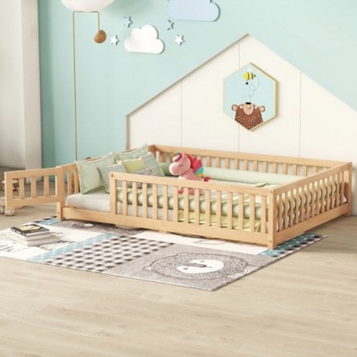Full Size Bed Floor Bed with Safety Guardrails and Door for Kids, Natural