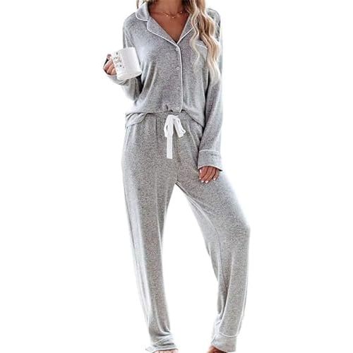 Womens Pajamas Sets Long Sleeve Sleepwear Button Down Soft Nightwear Pjs Set with Pockets