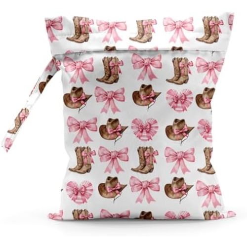 Waterproof Cloth Diaper Wet Dry Bag Reusable Travel Beach Pool Daycare Soiled Toddler Items Yoga Gym Bag for Swimsuits Wet Clothes Bags - Pink Bow Western Boots Hat Pattern