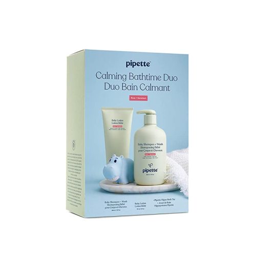 Pipette Calming Bathtime Duo - Wash Tear-Free and Moisturize Set with Renewable Plant-Derived Squalane, Rose + Geranium Aroma, 3-Piece Set
