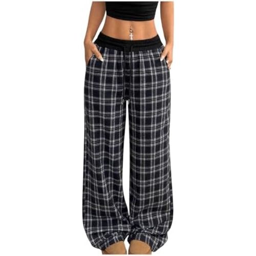 SOLY HUX Women's Plaid Checkered Pants Flannel Pajama Pants Lounge Wide Leg Baggy Sweatpants with Pockets