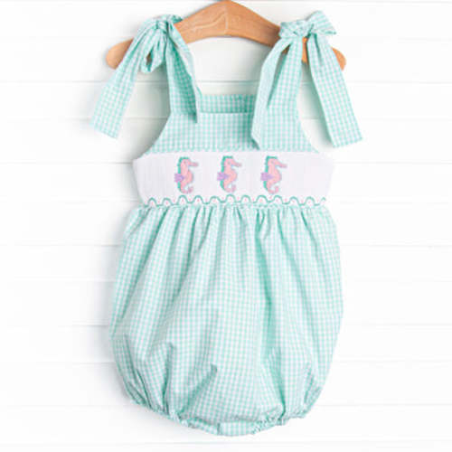 Sea Grass Seahorses Smocked Bubble, Mint – Stitchy Fish