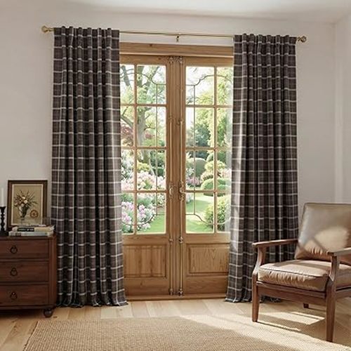 NICETOWN Autumn Plaid 100% Blackout Window Curtain Buffalo Check Energy Efficient 84 Inches Long for Bedroom Living Room Rod Pocket Back Tab Rustic Farmhouse Thermal Insulated Drape, 52"x 84", Brown