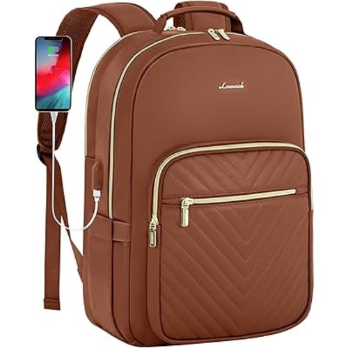 LOVEVOOK Leather Backpack for Women,15.6 inch Leather Laptop Backpack Women Computer Backpack Laptop Bag,Stylish Quilted Travel Backpack Purse Work Bag College Teacher Backpack with USB Port,Brown
