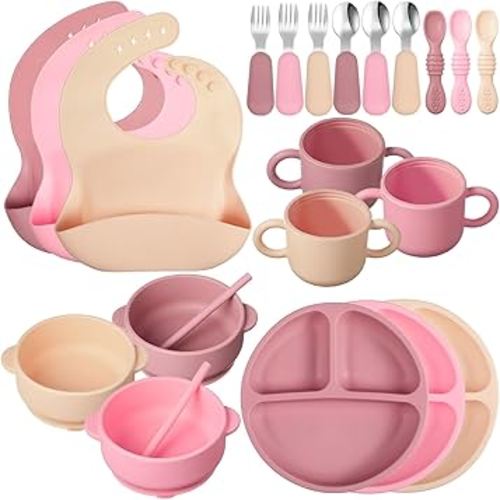 24 Pack Silicone Baby Feeding Set Baby Led Weaning Supplies Includes Suction Divided Plates Soft Bowl Spoons Forks Adjustable Bib Snack Cup and Straws for Baby Eating (Pink, Dark Pink, Nude)