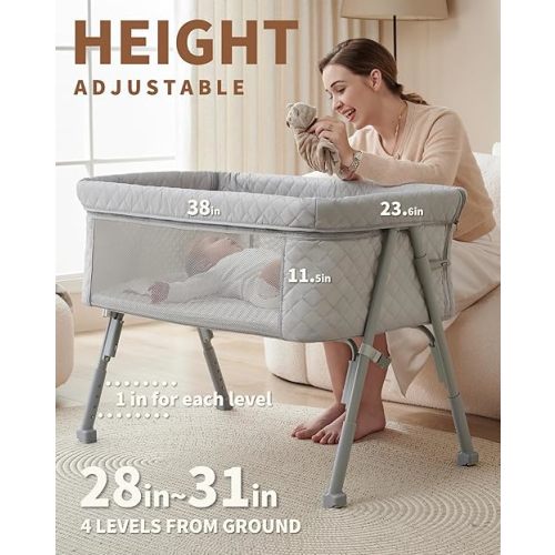 Bassinet Bedside Sleeper, Baby Crib for Newborn, Baby Bassinets Bedside Sleeper with 4 Auto-Lock & Adjustable Height, Breathable Mesh & Mattress, Bedside Bassinet