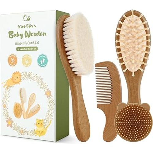 Yoofoss 4 Piece Baby Hair Brush and Comb Set, Wooden Baby Hair Brush with Natural Ultra Soft Goat Hair, Baby Comb Set for Boy, Girl - Walnut