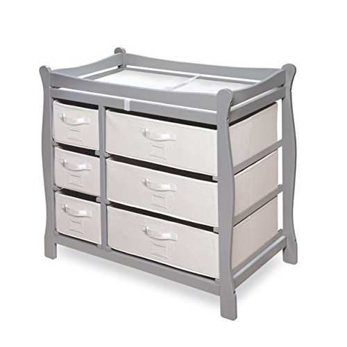 Badger Basket Sleigh-Style Baby Changing Table in Gray– Secure Diaper Station with 6 Removable Baskets & Changing Pad