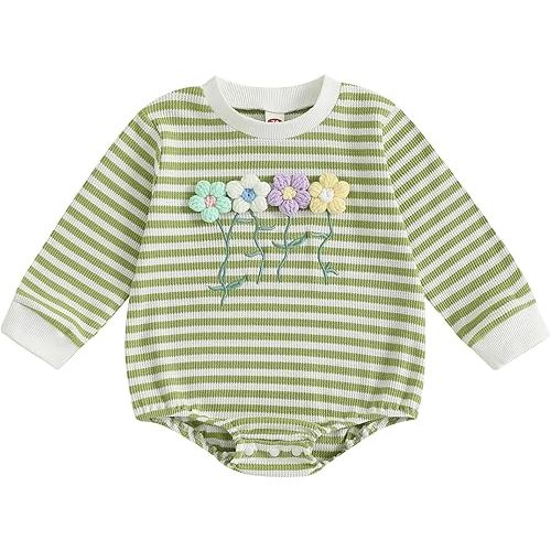 Newborn Baby Girl Romper 3D Flower Fall Winter Clothes Striped Waffle Bubble Sweatshirt Cute Coming Home Outfit