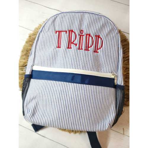 Monogrammed Seersucker Backpack: Personalized Boy Diaper Bag