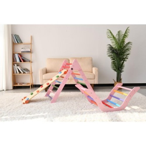 Montessori Toddler Climbing Toys Indoor, Foldable Climbing Toys for Toddlers 1-3 Inside, 2 Piece Baby Climbing Gym Indoor Playground, Natural Wood