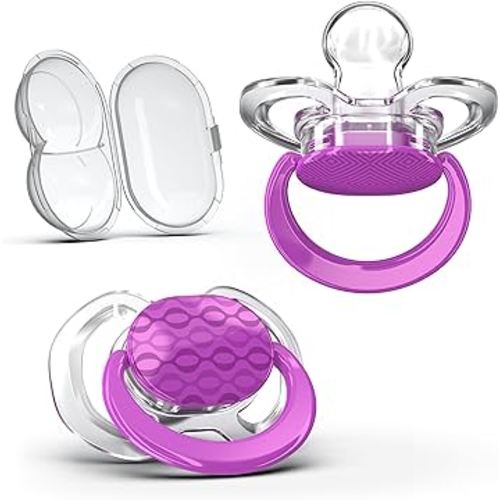 Smilo Baby Pacifier - 2 Pack of Slimline Pacifiers for Babies with Sterilization Box - Stage 2 for Babies 3-9 Months - 100% Silicone Newborn Pacifiers BPA Free - Plum Purple