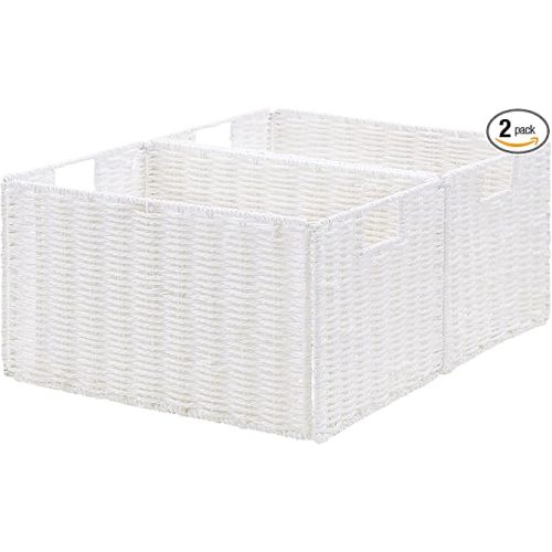 Vagusicc Wicker Basket, Baskets for Organizing, Set of 2 Woven Paper Rope Wicker Storage Basket with Handles, Foldable Large Cube Storage Organizer Bins Baskets for Shelves & Decor, White (Large) - 15.2"D x 10"W x 8.6"H