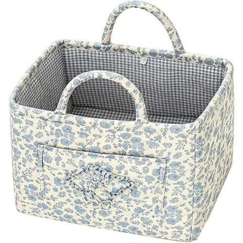 Quilted Laundry Basket with Handles - Multi-Purpose Fabric Storage Basket,Boho Fabric Storage Baskets with Handles for Car, Home & Nursery - Collapsible Square Organizer (blue)
