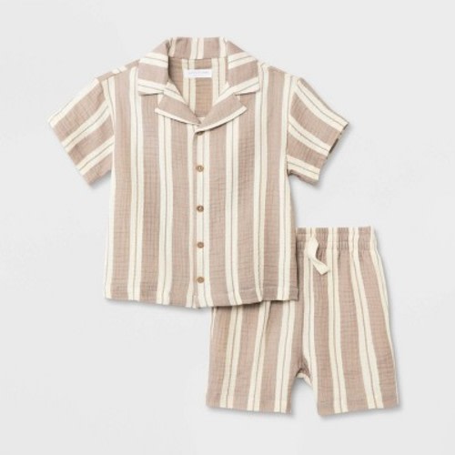 Grayson Mini Toddler Boys' Short Sleeve Striped Button-Down Shorts Set - Beige, Size: 12M