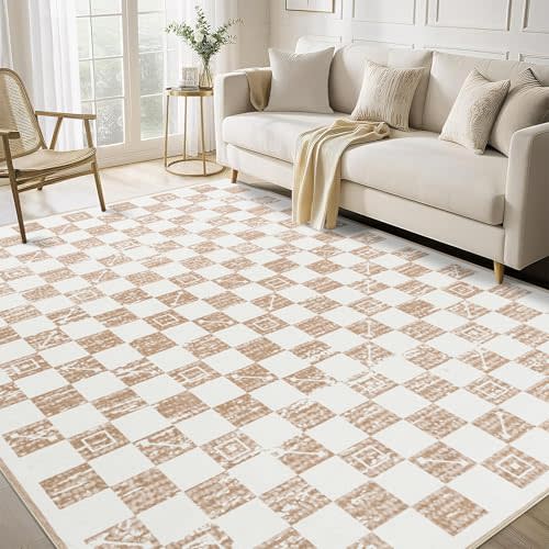 CocoHouse 5x7 Plaid Rug Beige - Checkered Rug with Non Slip Backing, Modern Rugs for Living Room Low Pile, Washable Area Rugs for Bedroom, Dining Room, Nursery