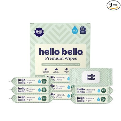 Hello Bello Premium Wipes, Designed for Sensitive Skin with Chamomile & Aloe Extracts, Simply Sage (9 Resealable Packets = 540 Total Wipes)