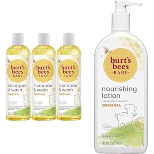 Burt's Bees Baby Shampoo & Wash, Original Tear Free Baby Soap - 12 Ounce Bottle - Pack of 3 and Baby Nourishing Lotion, Original Scent Baby Lotion - 12 Ounce Tube