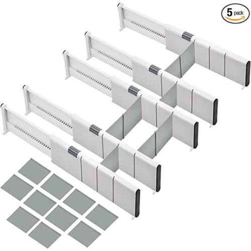 JONYJ Drawer Dividers Organizer 5 Pack, Adjustable Separators with 10 Inserts 4" High Expandable from 11-17" for Bedroom, Bathroom, Closet, Clothing, Office, Kitchen, Strong Secure Hold, White - 4" Tall, 11"-17" Long, 5 Pack